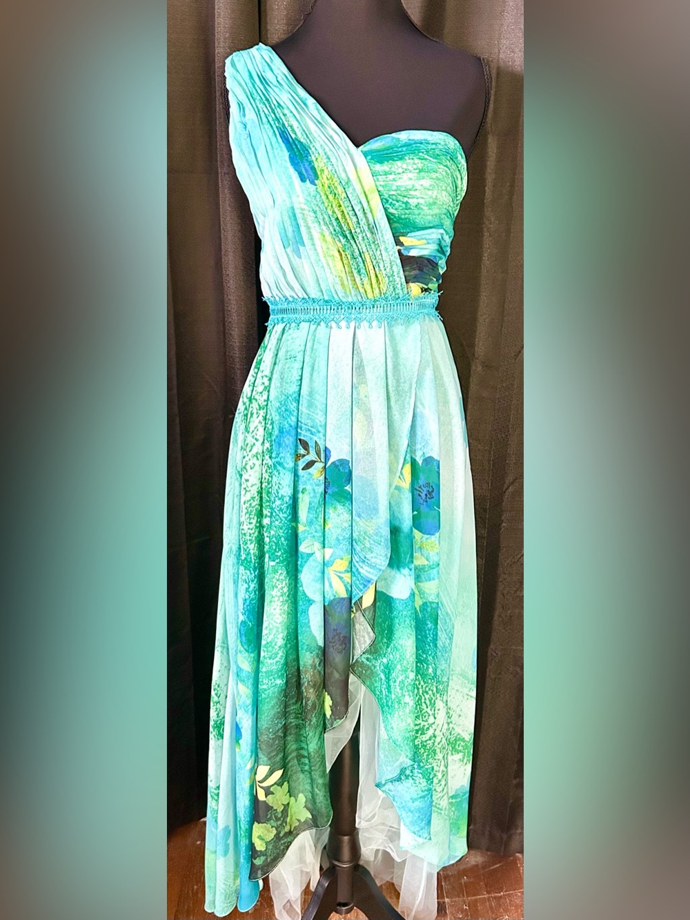 Floryday Floral Watercolor Embroidered 1 Shoulder Asymmetrical Maxi Dress Size S